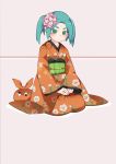  1girl aqua_hair closed_mouth eyebrows flower green_eyes hair_flower hair_ornament hammer_(sunset_beach) hat hat_removed headwear_removed japanese_clothes kimono monogatari_(series) ononoki_yotsugi orange_kimono seiza short_eyebrows short_hair short_twintails sitting solo thick_eyebrows twintails 