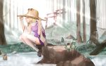  1girl arms_up artist_name blonde_hair blurry brown_footwear commentary_request dated day depth_of_field dress forest frog from_side hand_on_headwear hat high_collar highres light_rays light_smile long_sleeves looking_to_the_side moriya_suwako nature outdoors pinafore_dress profile purple_dress scenery shirt short_hair sidelocks sitting sitting_on_rock solo sunbeam sunlight taisan thighhighs torii touhou wet_hat white_legwear white_shirt wide_sleeves 