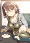 1girl apple_slice apron arm_support bangs black_pants blurry blurry_background breasts brown_hair cleavage commentary_request depth_of_field eyebrows_visible_through_hair feeding food fork green_apron green_eyes grey_shirt half-closed_eyes holding holding_food inu_(aerodog) large_breasts leaning_back long_sleeves looking_at_viewer mature medium_hair mole mole_under_eye original pants pov saucer shirt sitting solo swept_bangs t-shirt twitter_username 