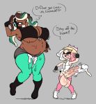  absurd_res angstrom balls big_balls big_breasts bodily_fluids bottomwear breasts cephalopod clothing cum cum_inflation cum_on_leg cum_on_penis erection female footwear genital_fluids hi_res huge_balls hyper hyper_penis inflation inkling intersex marina_(splatoon) marine mollusk nintendo pants pearl_(splatoon) penis shoes smile splatoon text video_games wide_hips 