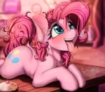  2019 absurd_res alcor90 blue_eyes blurred_background blush cutie_mark earth_pony equid equine feral food friendship_is_magic fur hi_res horse inner_ear_fluff mammal my_little_pony open_mouth pink_fur pinkie_pie_(mlp) pony solo tongue tongue_out 