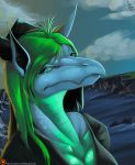  2019 anthro blue_scales breasts cleavage cliff clothed clothing cloud dew_dragon dragon female green_eyes green_hair green_scales hair hi_res horn long_hair looking_at_viewer scales scalie sea shirt signature solo t-shirt topwear url water 