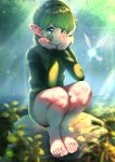  1girl barefoot feet forest green_hair highres k.ty_(amejin) kokiri nature navi saria squatting the_legend_of_zelda the_legend_of_zelda:_ocarina_of_time toes 