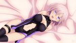  1girl absurdres ass_visible_through_thighs benjoerres blush bodysuit breasts cleavage elbow_gloves fate/grand_order fate_(series) from_above gloves groin highres huge_filesize large_breasts lying mash_kyrielight navel on_back open_mouth purple_hair round_teeth short_hair solo teeth thighhighs thighs 