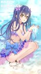  1girl bangs bikini bikini_skirt birthday blue_hair bracelet character_name commentary_request dated eyebrows_visible_through_hair flower frilled_bikini frills full_body hair_between_eyes hair_flower hair_ornament happy_birthday hibiscus highres jewelry long_hair looking_at_viewer love_live! love_live!_school_idol_project natsuiro_egao_de_1_2_jump! necklace open_mouth ribbon sandals smile sonoda_umi squatting swimsuit yellow_eyes 