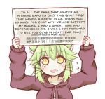  1girl :d animal_ear_fluff animal_ears arms_up bangs blush brown_jacket cat_ears commentary english_text eyebrows_visible_through_hair flying_sweatdrops green_hair greenteaneko greenteaneko-chan hair_between_eyes highres holding holding_sign jacket long_hair long_sleeves open_mouth original puffy_long_sleeves puffy_sleeves sign simple_background sleeves_past_wrists smile solo translation_request upper_body upper_teeth white_background yellow_eyes 