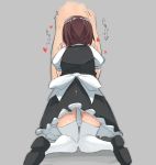  1boy 1girl blush bow brown_hair dress fellatio from_behind kneeling maid maid_headdress oral original panties ponzuyure pussy_juice ribbon short_hair simple_background thighhighs translation_request underwear 