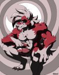  2019 anthro anthrofied balls big_muscles canid canine erection front_view fur hi_res looking_at_viewer lycanroc male mammal midnight_lycanroc muscular muscular_male nintendo nude penis pok&eacute;mon pok&eacute;mon_(species) red_eyes red_fur sharp_teeth solo teeth video_games voviat white_fur 