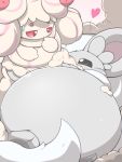  2019 alcremie black_eyes blush cheek_bulge cinccino digital_media_(artwork) food food_creature fur gigantamax_pok&eacute;mon grey_fur nintendo obese overweight pok&eacute;mon pok&eacute;mon_(species) red_eyes video_games vore white_fur 