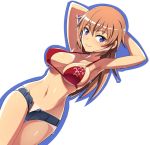  1girl armpits bangs bikini bikini_shorts blue_bikini_bottom blue_eyes blue_outline breasts charlotte_e_yeager closed_mouth commentary cowboy_shot dutch_angle eyebrows_visible_through_hair large_breasts long_hair looking_at_viewer mismatched_bikini nanashino navel open_fly orange_hair red_bikini_top shorts simple_background skindentation smile solo standing strike_witches swimsuit tan tanline thigh_gap wet white_background world_witches_series 