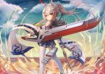  1girl ayanami_(azur_lane) azur_lane bandaid bandaid_on_arm bangs bare_shoulders blue_sky bubble chinese_commentary cloud commentary_request detached_sleeves evening expressionless from_behind headgear holding holding_sword holding_weapon kuaua long_hair long_sleeves looking_at_viewer looking_back ocean orange_eyes platinum_blonde_hair pleated_skirt ponytail retrofit_(azur_lane) rigging rudder_footwear sailor_collar sidelocks skirt sky solo standing standing_on_liquid star_(sky) sword thighhighs torpedo torpedo_launcher torpedo_tubes weapon white_legwear wide_sleeves 