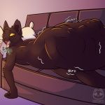  1:1 anthro black_fur bodily_fluids conditional_dnp digital_media_(artwork) domestic_cat drooling felid feline felis full_belly fur lying male male_pred mammal nipples nude nyaroma on_back one_eye_closed open_mouth saliva simple_background smile sofa soft_vore vore wink yellow_eyes 