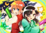  2girls back-to-back bangs bare_arms black_hair blue_eyes blunt_bangs blush brown_eyes bun_cover eyebrows_visible_through_hair gintama hair_ornament holding_water_gun japanese_clothes kagura_(gintama) kimono long_hair momomon999 multiple_girls open_mouth orange_hair short_hair sleeveless smile tokugawa_soyo water_gun 