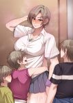  1girl 3boys age_difference body_blush breasts cleavage closed_mouth collarbone collared_shirt commentary_request dripping earrings faceless faceless_male hair_intakes hand_up highres indoors jewelry korotsuke large_breasts layered_sleeves light_brown_hair lips looking_at_viewer microskirt multiple_boys original pleated_skirt pussy_juice shirt short_sleeves sideways_mouth skirt solo_focus standing steaming_body stud_earrings sweat sweating_profusely tsurime white_shirt wing_collar 