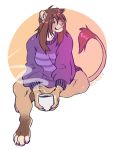  anthro clothed clothing cup felid feline female flynx-flink hair hi_res mammal simple_background smile solo sweater topwear 