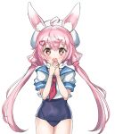  1girl ahoge animal_ear_fluff animal_ears blush bunny_ears hair_ornament hairclip hand_to_own_mouth hat long_hair low_twintails one-piece_swimsuit open_mouth pink_eyes pink_hair school_swimsuit school_uniform serafuku shirt simple_background smile solo swimsuit tomari_mari tomari_mari_channel twintails very_long_hair virtual_youtuber white_background white_headwear white_shirt 