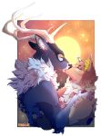  2019 anthro antlers blue_fur canid canine canis cervid claws digital_media_(artwork) duo eyes_closed female fur grey_fur hi_res horn kissing male mammal ravoilie wolf 