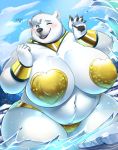  2019 5_fingers absurd_res anthro areola belly big_breasts black_areola black_nipples black_nose blush breasts cloud deep_navel digital_media_(artwork) female fingers front_view fur hi_res huge_breasts ice mammal mostly_clothed navel nipples nude ocaritna open_mouth outside overweight overweight_female partially_submerged polar_bear pussy solo thick_thighs ursid ursine voluptuous water white_fur wide_hips 