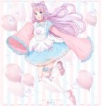  1girl apron artist_name balloon bangs blue_blow blue_dress blue_eyes bow braid bubble commentary commission deviantart_logo double_bun dress english_commentary eyebrows_visible_through_hair full_body heart highres instagram_logo kneehighs long_hair long_sleeves looking_at_viewer original pink_hair pink_ribbon puppypaww ribbon sleeves_past_fingers sleeves_past_wrists smile solo striped striped_background twitter_logo white_apron white_legwear wide_sleeves 