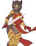  2019 anthro armor brown_fur brown_hair canid canine canis clothing evilymasterful female fur hair holding_object holding_weapon legwear looking_at_viewer mammal melee_weapon no_underwear pussy simple_background smile solo sword thigh_highs warrior weapon white_background wolf yellow_eyes 