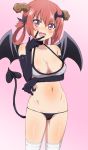  1girl :d areola_slip areolae bare_shoulders bat_hair_ornament bikini black_bikini_bottom black_choker black_gloves black_ribbon blush breasts brown_eyes choker cleavage collarbone commentary_request curled_horns demon_girl demon_horns demon_tail demon_wings elbow_gloves fang gabriel_dropout gloves gradient gradient_background grey_bikini_top groin hair_ornament hair_ribbon hair_rings head_tilt highres horns kurumizawa_satanichia_mcdowell looking_at_viewer medium_breasts navel open_mouth pink_background red_hair ribbon sidelocks smile solo swimsuit tail thighhighs trg-_(sain) v-shaped_eyebrows white_legwear wings 