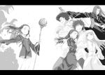  3boys 3girls agnese_sanctis battle braid clenched_teeth closed_eyes collared_shirt dress dress_shirt floating_hair greyscale haimura_kiyotaka hands_on_hips highres holding holding_staff holding_sword holding_weapon index kamijou_touma long_hair long_sleeves monochrome multiple_boys multiple_girls novel_illustration nun official_art orsola_aquinas pants shirt short_dress spiked_hair staff stiyl_magnus sword tatemiya_saiji teeth to_aru_majutsu_no_index torn_clothes torn_dress veil weapon wide_sleeves wing_collar 