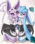  2019 anthro blue_eyes blue_fur blush bow clothing digital_media_(artwork) duo eeveelution espeon female fur glaceon looking_at_viewer maid_uniform nintendo open_mouth pink_fur pok&eacute;mon pok&eacute;mon_(species) purple_eyes rilex_lenov simple_background uniform video_games white_background 