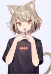  1girl :3 animal_ear_fluff animal_ears black_shirt blue_nails brown_eyes brown_hair cat_ears cat_girl cat_tail closed_mouth grey_background hands_up looking_at_viewer nail_polish original shirt short_hair short_sleeves shugao simple_background smile solo tail upper_body 
