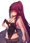  1girl bangs bare_shoulders black_swimsuit blush braid breasts choker cleavage closed_mouth collarbone covered_navel food french_braid girls_frontline hair_between_eyes hair_ribbon highres innertube large_breasts long_hair looking_at_viewer one-piece_swimsuit ponytail popsicle purple_hair purple_ribbon red_eyes ribbon simple_background solo soukou_makura swimsuit thigh_strap thighs wa2000_(girls_frontline) white_background 
