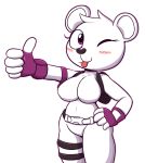  big_breasts big_butt blush breasts butt clothing epic_games fan_character featureless_breasts felino female fortnite gesture gloves googly_(rainy) handwear hi_res mammal one_eye_closed pink_eyes solo thumbs_up tongue tongue_out ursid video_games wink 