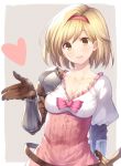  1girl :d blonde_hair breasts brown_eyes brown_gloves cleavage collarbone djeeta_(granblue_fantasy) gauntlets gloves granblue_fantasy grey_background hairband heart leyte looking_at_viewer medium_breasts open_mouth shirt short_hair shoulder_armor smile solo strap sword upper_body weapon white_shirt 