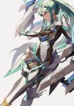  1girl armor bangs breasts earrings eyebrows_visible_through_hair gloves green_eyes green_hair highres jewelry large_breasts long_hair pneuma_(xenoblade_2) ponytail simple_background solo spoilers swept_bangs tiara very_long_hair vic xenoblade_(series) xenoblade_2 