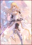  1girl angel_wings armored_boots artist_name black_legwear blonde_hair boots breasts cleavage closed_mouth feathered_wings floating_hair full_body gloves grey_eyes hair_between_eyes highres holding holding_sword holding_weapon knee_boots long_hair looking_at_viewer medium_breasts meo_(1271884559) original pointy_ears shoulder_armor skirt solo spaulders sword thighhighs weapon white_footwear white_gloves white_skirt white_wings wings 