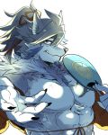  2019 abs anthro canid canine canis clothing fur male mammal multicolored_fur muscular muscular_male nipples ohayashi55 pecs solo tattoo temujin tokyo_afterschool_summoners video_games white_fur wolf 