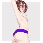  1girl absurdres armpits blush breasts brown_eyes brown_hair hand_behind_head highres looking_back messenger_(41986996) nipples original panties short_hair simple_background small_breasts solo thong underwear white_background 