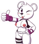  big_breasts blush breasts clothing epic_games fan_character felino female fortnite gesture gloves googly_(rainy) handwear hi_res mammal nipples nude one_eye_closed pink_eyes pussy thumbs_up tongue tongue_out ursid video_games wink 