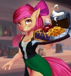  2019 absurd_res accessory aged_up anthro anthrofied apple apple_bloom_(mlp) bar breasts clothed clothing digital_media_(artwork) equid equine female food friendship_is_magic fruit grin hair hair_accessory hair_bow hair_ribbon hi_res holymeh inside long_hair looking_at_viewer mammal my_little_pony pie plant ribbons smile solo 