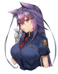  1girl animal_ear_fluff animal_ears badge bangs blue_shirt breasts commentary_request cropped_torso eyebrows_visible_through_hair hair_between_eyes hand_up kasuka_(kusuki) large_breasts long_hair necktie open_mouth original purple_eyes purple_hair red_neckwear shirt simple_background solo upper_body white_background white_shirt wolf_ears 