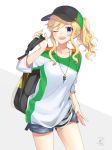  1girl bag bangs bekkourico black_headwear blonde_hair blue_eyes blush breasts collarbone commentary_request dot_nose eyebrows_visible_through_hair green_headwear green_shirt hat headwear holding holding_bag idolmaster idolmaster_cinderella_girls jewelry long_hair medium_breasts multicolored multicolored_clothes multicolored_hat multicolored_shirt necklace one_eye_closed ootsuki_yui ponytail shirt short_shorts shorts solo upper_teeth white_shirt 