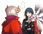  3girls bangs blonde_hair blue_hair braid byleth byleth_(female) cape closed_eyes closed_mouth commentary dual_persona edelgard_von_hresvelgr_(fire_emblem) eye_contact eyebrows_visible_through_hair fire_emblem fire_emblem:_three_houses hair_ornament hair_ribbon hug long_hair looking_at_another multiple_girls purple_eyes red_cape ribbon simple_background smile sweatdrop time_paradox u_nagidon uniform upper_body waist_hug white_background yuri 