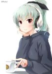  1girl alternate_hairstyle anchovy anzio_(emblem) black_ribbon black_shirt buchikaki casual chin_rest commentary cup elbow_rest emblem girls_und_panzer green_hair hair_ribbon headphones holding holding_cup hood hoodie light_blush light_smile long_hair mug ponytail red_eyes ribbon shadow shirt solo twitter_username 