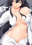  1girl black_hair breasts brown_eyes cleavage collarbone epaulettes female_admiral_(kantai_collection) gloves grey_background hair_between_eyes highres jacket kantai_collection large_breasts long_hair long_sleeves navel niwatazumi no_bra no_shirt open_clothes open_jacket open_pants pants parted_lips solo tatebayashi_sakurako upper_body white_gloves white_jacket white_pants 