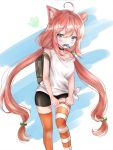  1girl adjusting_clothes adjusting_legwear ahoge animal_ear_fluff animal_ears backpack bag bike_shorts black_shorts blue_eyes cat_ears choker clenched_hands fang fish food hair_bobbles hair_ornament highres hinata_channel long_hair low_twintails melings_(aot2846) mismatched_legwear mouth_hold nekomiya_hinata orange_legwear pink_hair pulled_by_self short_shorts shorts solo strap_slip striped striped_legwear tank_top thighhighs thighhighs_pull twintails very_long_hair virtual_youtuber white_tank_top 