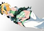  1girl adjusting_clothes adjusting_legwear akatsuki_kirika ass blonde_hair blush breasts from_behind green_eyes green_leotard headgear leotard looking_at_viewer looking_back medium_breasts rkrk senki_zesshou_symphogear shiny shiny_hair shiny_skin short_hair skirt solo standing striped thighhighs thighhighs_pull white_background white_legwear 