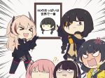  &gt;_&lt; 5girls anger_vein angry anti-rain_(girls_frontline) artist_request chibi closed_eyes commentary_request confused eyepatch girls_frontline headphones highres m16a1_(girls_frontline) m4_sopmod_ii_(girls_frontline) m4a1_(girls_frontline) multiple_girls photo_(object) ro635_(girls_frontline) scar scar_across_eye st_ar-15_(girls_frontline) translation_request 