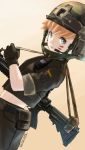  1girl artist_name black_gloves blue_eyes camouflage_hat gloves gradient gradient_background gun headset helmet light_brown_hair pouch rokutowa short_hair short_sleeves simple_background solo standing walkie-talkie weapon 