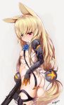  1girl animal_ears any_(anything) ass beige_background blue_eyes breasts eyebrows_visible_through_hair from_behind g41_(girls_frontline) girls_frontline gun heterochromia long_hair looking_at_viewer looking_back low_twintails panties prosthesis prosthetic_arm red_eyes sidelocks simple_background single_thighhigh skindentation small_breasts smile solo string_panties thigh_strap thighhighs torn_clothes twintails underwear very_long_hair weapon white_legwear white_panties 