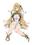  4410_(kanimiso) absurdres bare_shoulders blonde_hair breasts cleavage_cutout elbow_gloves gloves highres hikari_(xenoblade_2) large_breasts long_hair one_eye_closed sitting thigh_strap white_background xenoblade_(series) xenoblade_2 yellow_eyes 