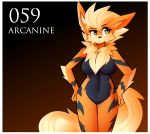  anthro anthrofied arcanine breasts brown_eyes canid canine cheek_tuft chest_tuft digital_media_(artwork) featureless_breasts featureless_crotch female fur hands_on_hips hi_res inget mammal navel nintendo nude orange_fur pok&eacute;mon pok&eacute;mon_(species) pok&eacute;morph simple_background solo tuft video_games 