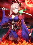  1girl bangs black_legwear blue_eyes blue_kimono blush breasts burning cleavage cloud cloudy_sky commentary_request dual_wielding earrings eyebrows_visible_through_hair fate/grand_order fate_(series) fire full_moon gabiran hair_ornament hand_up head_tilt holding holding_sword holding_weapon japanese_clothes jewelry katana kimono looking_at_viewer medium_breasts miyamoto_musashi_(fate/grand_order) moon navel navel_cutout outdoors pink_hair ponytail red_moon sidelocks sky solo standing sword thighhighs weapon 